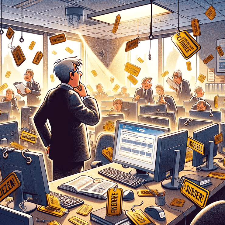 DALL·E-2023-12-07-14_56_00-1_-Illustration-for-Lisensfellen-Mange-Gar-i_-A-cartoon-of-a-business-meeting-room-filled-with-unused-computers-each-with-a-1