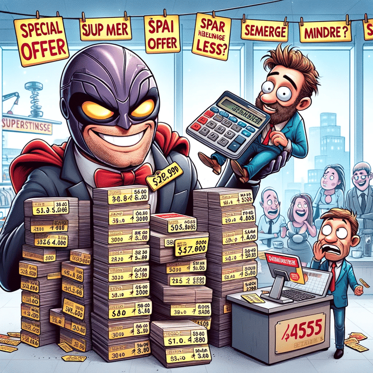 DALL·E-2023-12-07-14_56_03-3_-Illustration-for-Kjop-Mer-Spar-Mindre_-–-Selgernes-Hemmelige-Triks_-A-whimsical-cartoon-of-a-vendor-with-a-sly-smile-sur