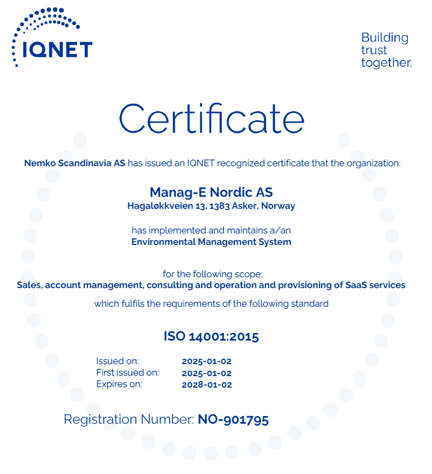 ISO 14001 sertifikat for Manag-E Nordic AS